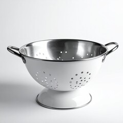 White enamel colander, holes and handles. Studio shot