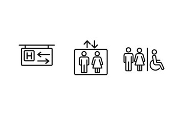 Obraz premium Minimalist restroom signage icons showing elevator, male and female toilet symbols, and wheelchair accessibility on a gray wall background