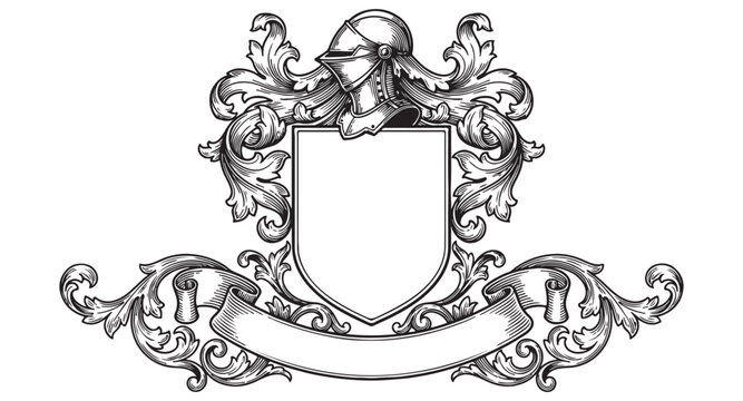 Medieval Heraldic Crest with Knight Helmet Shield and Banner
