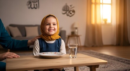 Smiling muslim girl wearing hijab at table, ready for iftar