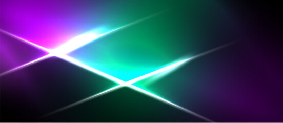 Naklejka premium Abstract light flares create vibrant purple, teal gradients. Bright starburst effect dominates central space, dark background surrounds it.