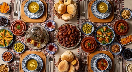 ramadan iftar table, dates, soup, traditional food, middle eastern cuisine
