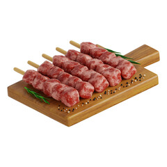 Raw Beef Skewers on Wooden Board