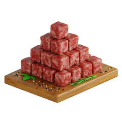 Diced Raw Meat on Wooden Board