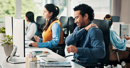 Computer, business man or shoulder pain in office with muscle fatigue, article pressure or...