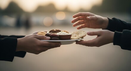 sharing food, ramadan iftar, hands passing plate, islamic culture