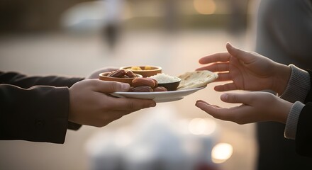 sharing iftar meal, hands passing food, ramadan tradition, fasting break
