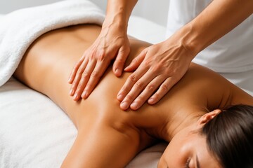 Fototapeta premium Close-up of a woman receiving a back massage in a spa, focusing on relaxation and wellness, with soft lighting and a serene atmosphere, creating a tranquil experience.