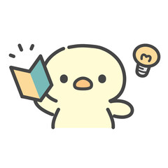 初心者マークを手に持ち電球を浮かべるひよこの手書きイラスト　アイデア　発想　ひらめき © Nitomaru