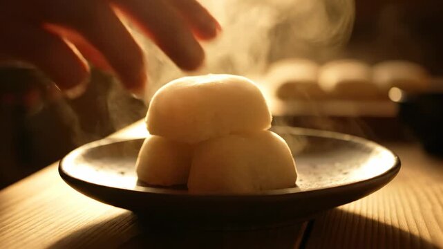 Close-up of a hand carefully placing delicious steaming hot buns onto a plate, highlighting the warmth and inviting culinary experience.