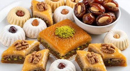 delicious middle eastern sweets assortment, dates with almonds, baklava