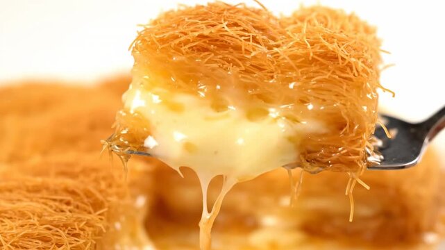 Close-up of a delicious Kunafa dessert with a creamy, stretchy filling lifted by a spoon.