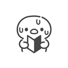 初心者マークを手に持って汗をかくひよこの手描き線画イラスト　焦り・困惑・不安を表す初心者　上半身 © Nitomaru