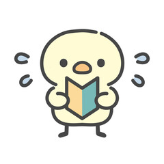 初心者マークを手に持って汗を飛ばすひよこの手書きイラスト   焦りや困惑    © Nitomaru
