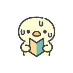 初心者マークを手に持って汗をかくひよこの手描きイラスト　焦り・困惑・不安を表す初心者　上半身 © Nitomaru