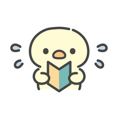 初心者マークを手に持って汗を飛ばすひよこの手書きイラスト   焦りや困惑   上半身 © Nitomaru