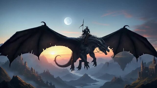 Fantasy dragon with a rider flying over a mystical landscape at sunset