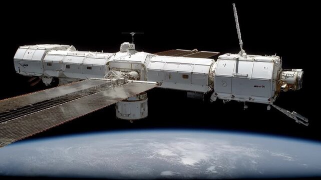 Medium shot capturing layered nanofiber reinforcement applied to modular space station components highlighting structural resilience.