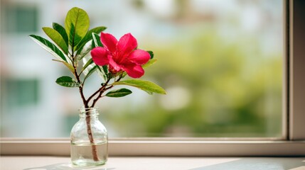 Single stem flower with vibrant pink petals and green leaves in a glass vase placed on a windowsill, soft natural light illuminating the scene
