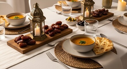 ramadan iftar table with dates and soup