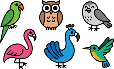 Obraz premium Vibrant cartoon illustration of diverse birds including parrot, owl, dove, flamingo, peacock, and hummingbird, in a cheerful style.