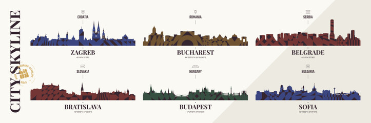 Panoramas of the Balkans, Slovenia and Hungary, City skyline silhouettes Zagreb, Bucharest, Belgrade, Bratislava, Budapest, Sofia,  cityscape horizon with brutalism geometric pattern, landscape 8