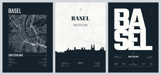 detailed urban street plan city map with Basel, Set of travel posters, Silhouette city skyline, vector artwork, set 2
