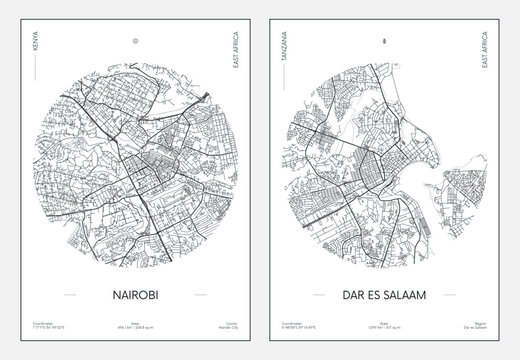 Urban street plan city map Nairobi and Dar es Salaam, Travel poster vector illustration