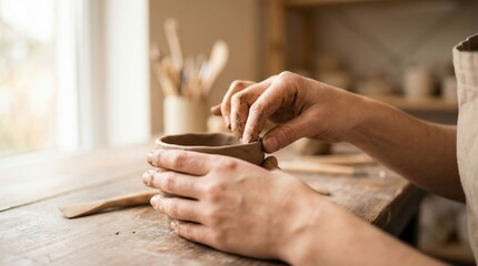 Obraz premium Potter shaping clay bowl on wooden table