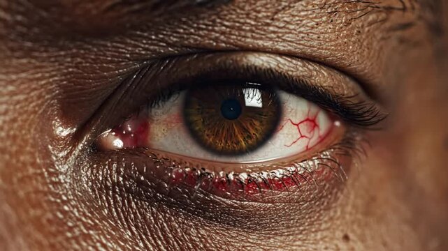 Extreme close-up view of a wounded eye with bloodshot veins and tears, showing signs of pain or medical distress.