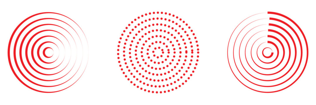 Linear set of radar icons, sonar waves, concentric radial signal circles, echo sounder symbols. Vector black and white illustration on a transparent background for interfaces and infographics