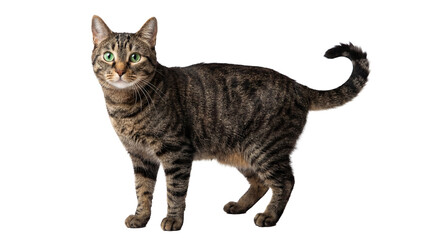a photorealistic tabby cat stands alert with bright green eyes on a transparent background, isolated for versatile design use. © Irene