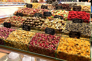 variety of Turkish traditional lokum sweet delight with Turkish coffee in cups, tea in tulip glass and fresh fruits