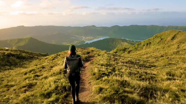 Woman hiking along a scenic crater lake on S&atilde;o Miguel, Azores at sunset