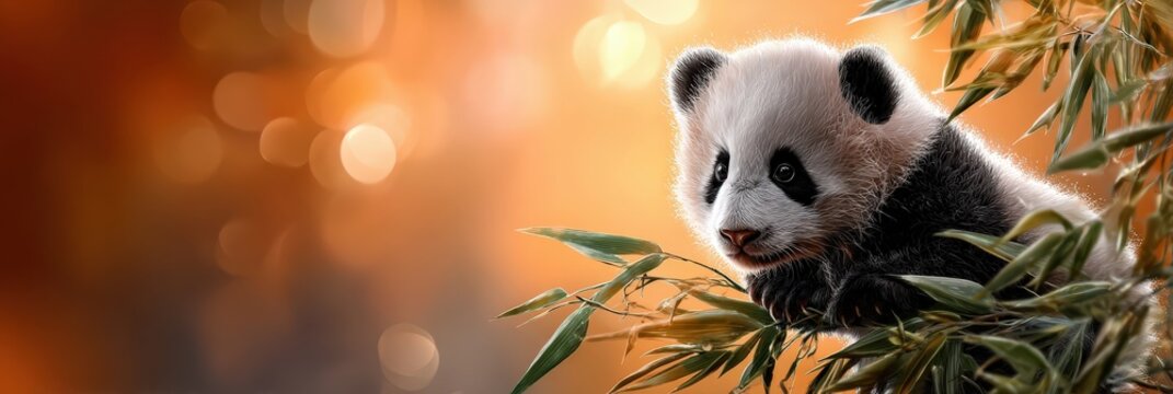 Baby panda cub relaxing among lush bamboo plants, its adorable face looking outwards with an orange bokeh background