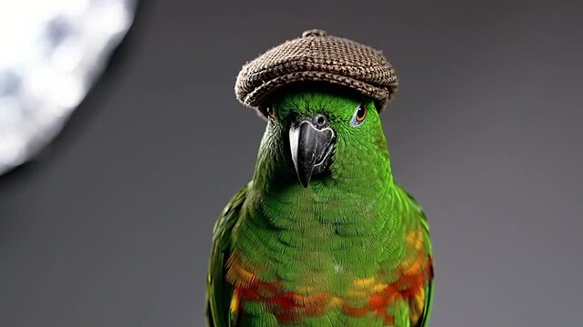 Vibrant green parrot wearing a stylish brown beret against a dark background.