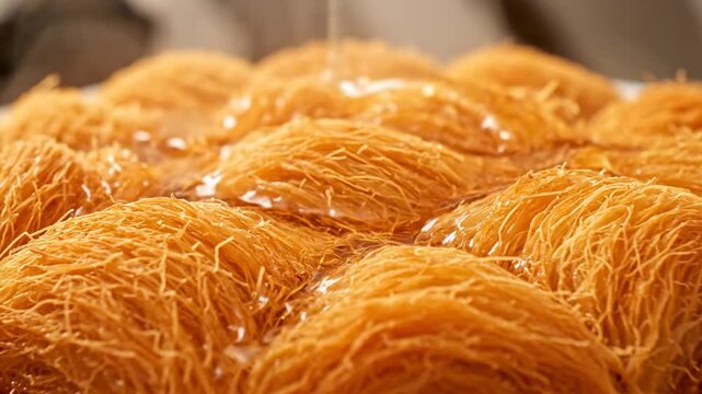 Close-up of traditional Middle Eastern Kunafa dessert being drenched with sweet syrup, creating a mouth-watering treat.