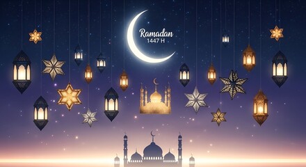 ramadan kareem night sky with mosque and lanterns