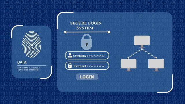 Secure login system interface with fingerprint authentication, password protection and computer network data diagram.