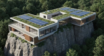Fototapeta premium Modern home with solar panels and green roof, perched on a cliff