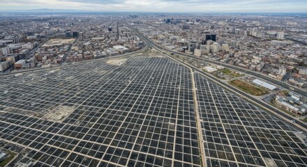 Aerial view of a city with a vast grid of enclosed structures