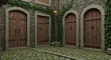 Stone courtyard scene features four arched wooden doors with ivy