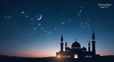 Ramadan night sky mosque silhouette, crescent moon, stars, islamic culture
