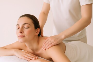Obraz premium A serene woman receiving a relaxing shoulder massage in a spa, eyes closed, wrapped in a white towel, enjoying a moment of wellness and therapeutic touch for stress relief.