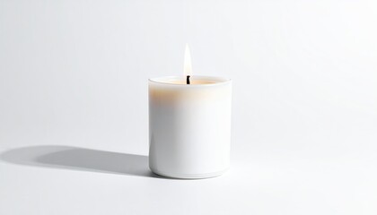 Lit candle, white jar, bright background, soft shadow cast