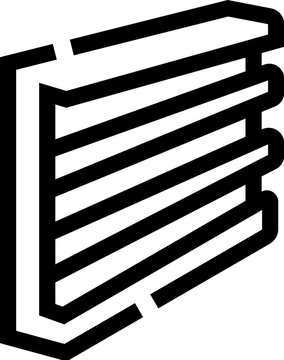 Louver blind icon presenting multiple horizontal slats, providing shading and privacy for windows or vents, rendered in a simple outline style on a clean white background