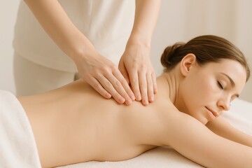 Obraz premium Relaxing back massage for a woman, a therapeutic treatment for muscle tension, stress relief, and overall well-being, enhancing relaxation and rejuvenation.