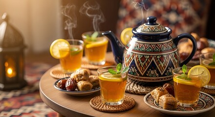 Moroccan tea ceremony with lemon and mint, dates, and pastries