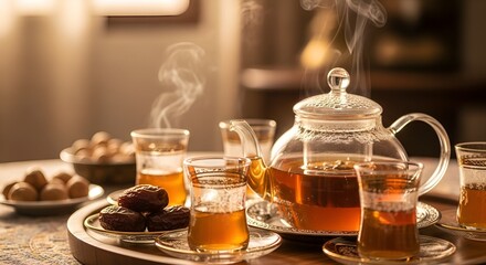 tea time with dates, warm drink, glass teapot, cozy atmosphere