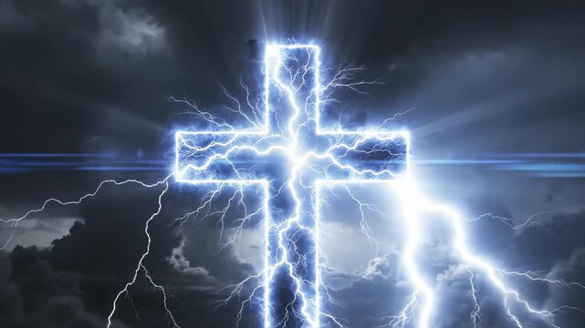 Bright glowing cross with lightning in dramatic sky clouds